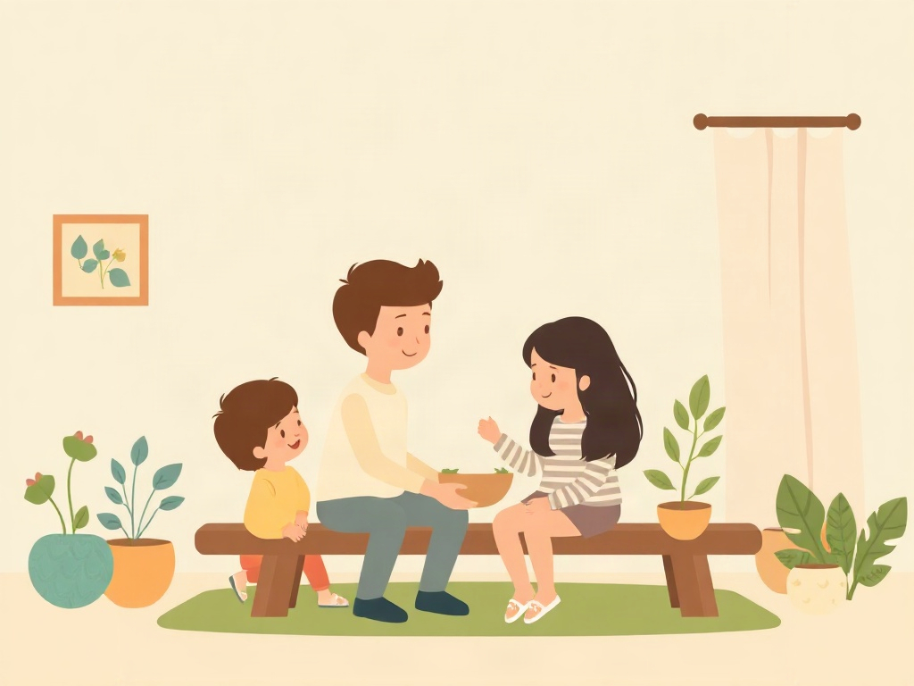 Mutfak masasında resimli kartlarla oynayan bir aile